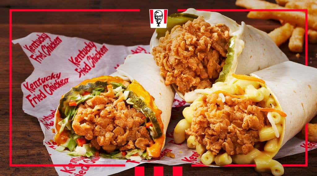 Three fried chicken wraps from KFC, one includes mac and cheese.