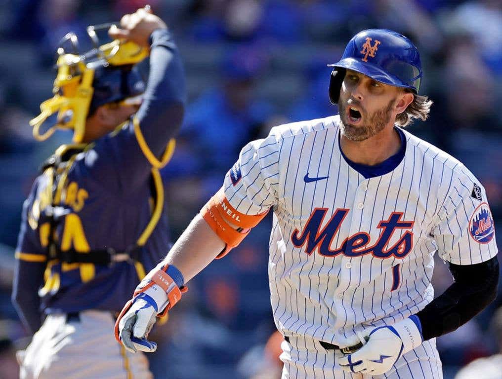 Jeff McNeil #1 of the New York Mets reacts after flying out against the Milwaukee Brewers during the fifth inning at Citi Field on March 31, 2024 in New York City.