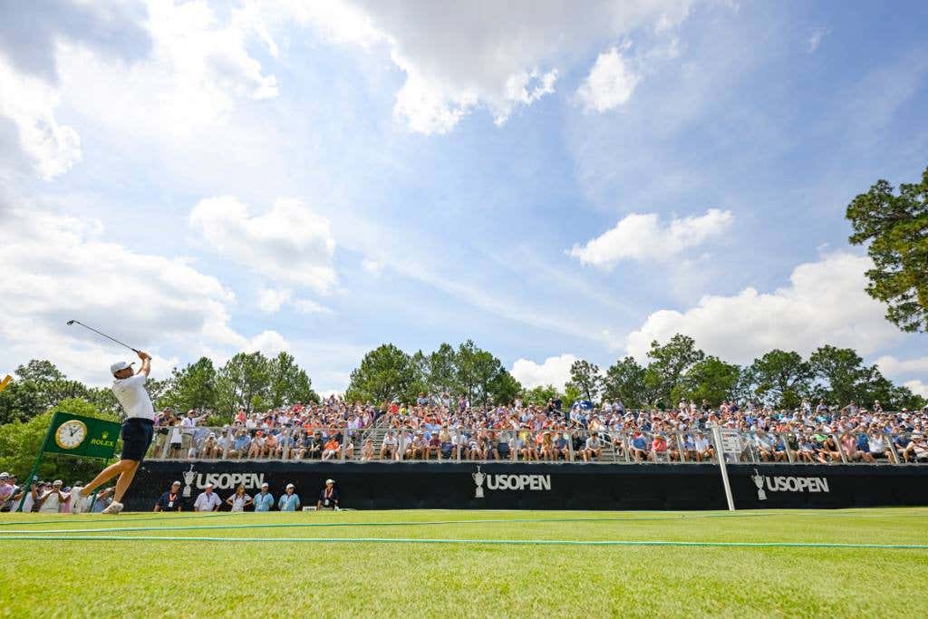 U.s. Open Tee times and groupings scottie scheffler hitting from the tee on the sixth hole at Pinehurst No. 2.