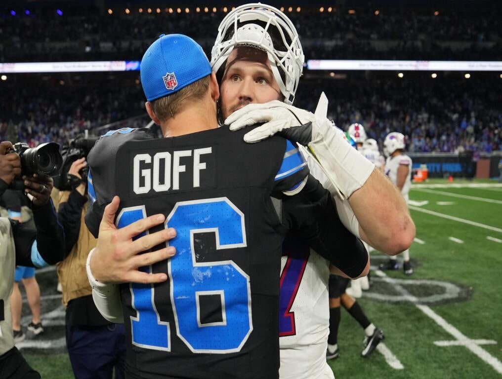 Jared Goff and Josh Allen greet one another. 