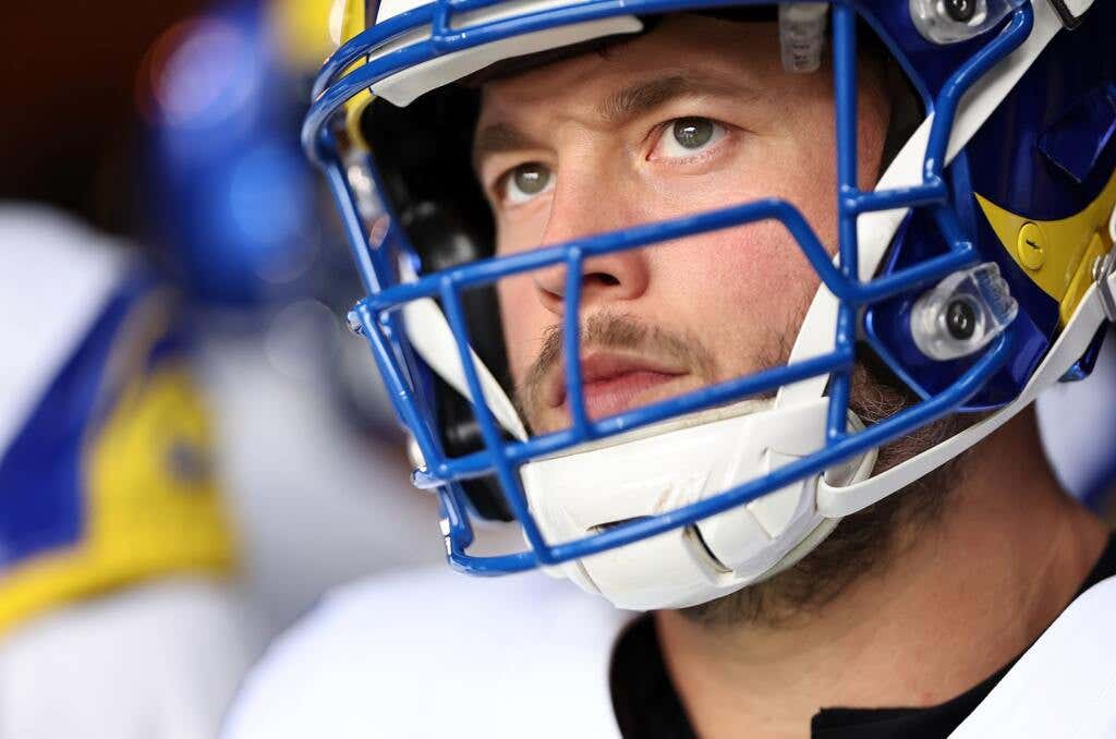 Matthew Stafford looks on in the MetLife Stadium tunnel.