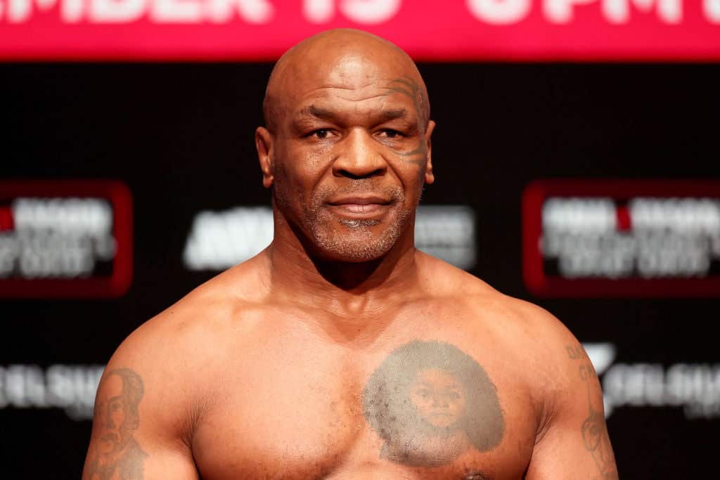 Mike Tyson attends the weigh-in for LIVE on Netflix: Jake Paul vs. Mike Tyson at the Toyota Music Factory on November 14, 2024