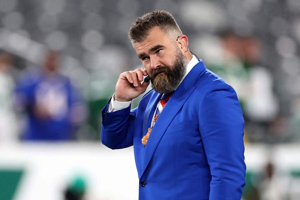 Jason Kelce looks on before the game between the New York Jets