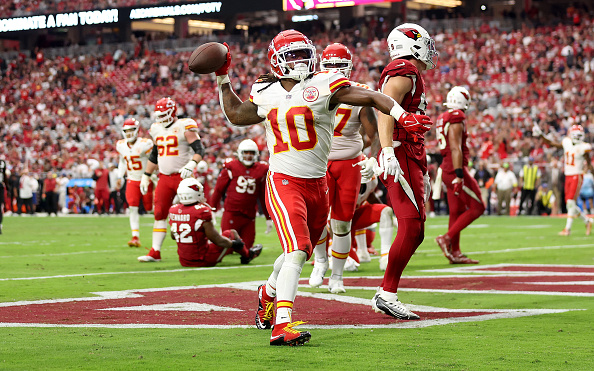 Kansas City Chiefs running back Isiah Pacheco celebrates after they beat  the Los Angeles Chargers in an NFL football game, Thursday, Sept. 15, 2022  in Kansas City, Mo. (AP Photo/Reed Hoffmann Stock