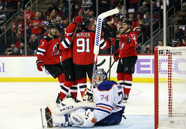 Jesper Bratt of the New Jersey Devils is congratulated by teammates News  Photo - Getty Images