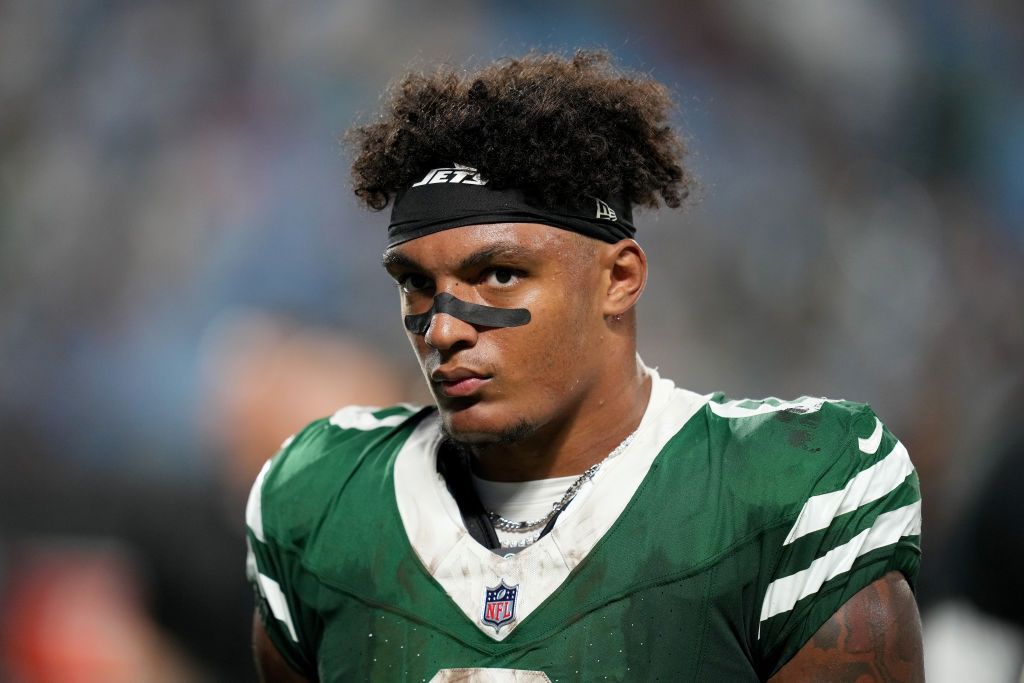 Braelon Allen looks on in Jets-Panthers preseason. 