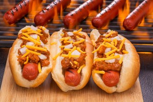 Chili Hot Dogs with Cheddar Cheese and Onions